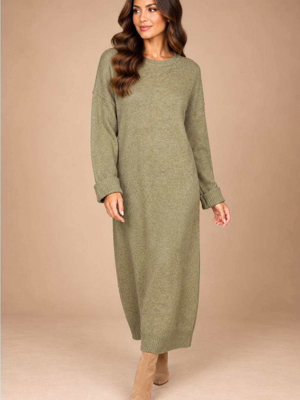 Mango Olive Green Ribbed Knit Maxi Dress